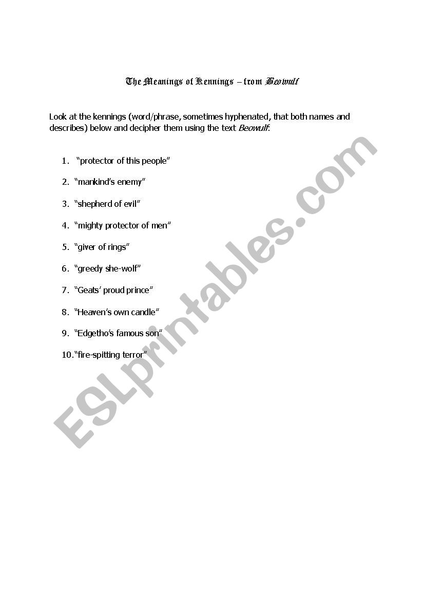 Kennings Worksheet -- Beowulf worksheet