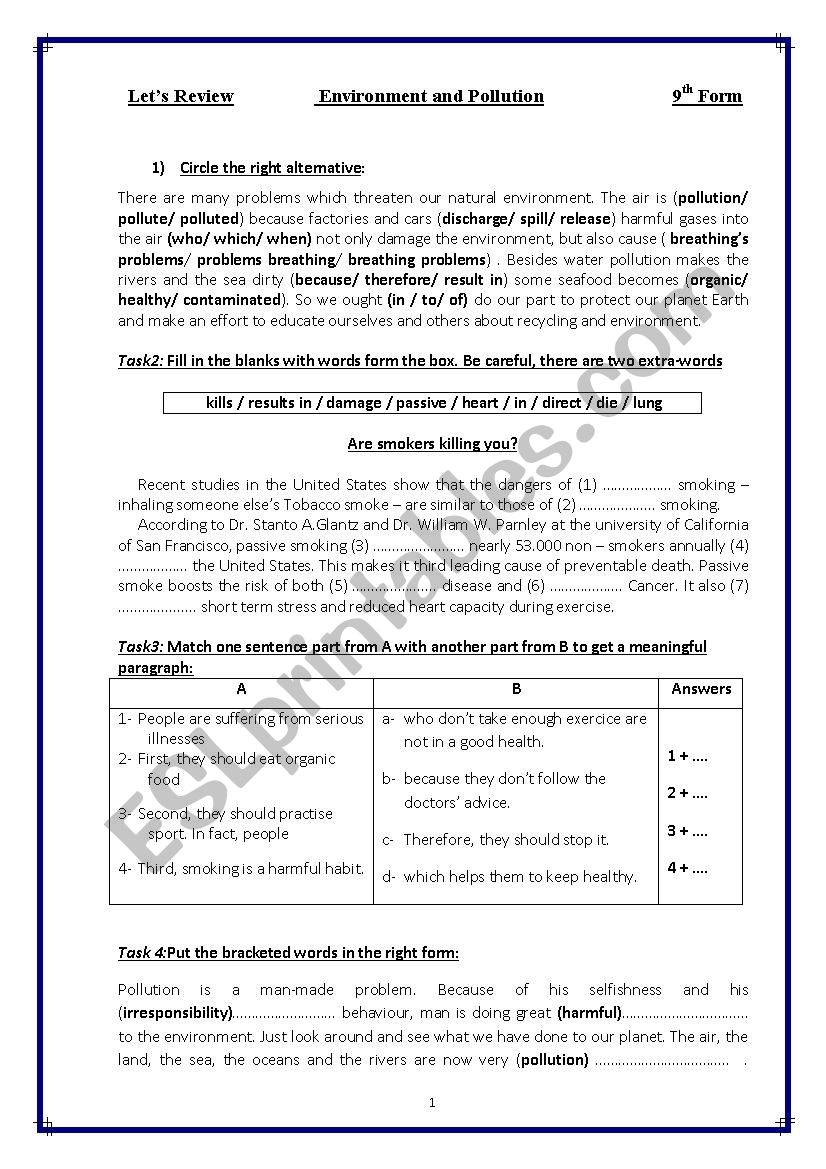 Pollution Review worksheet