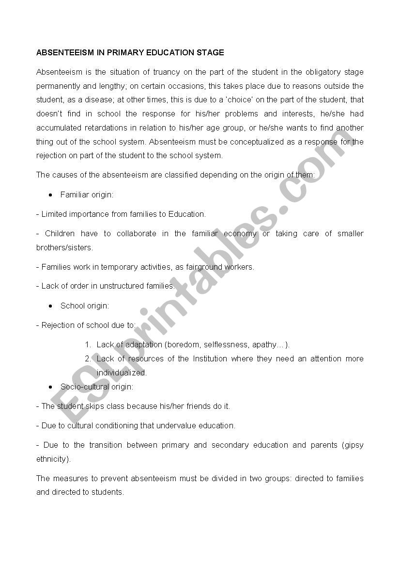 ABSENTEEISM IN PRIMARY EDUCATION STAGE