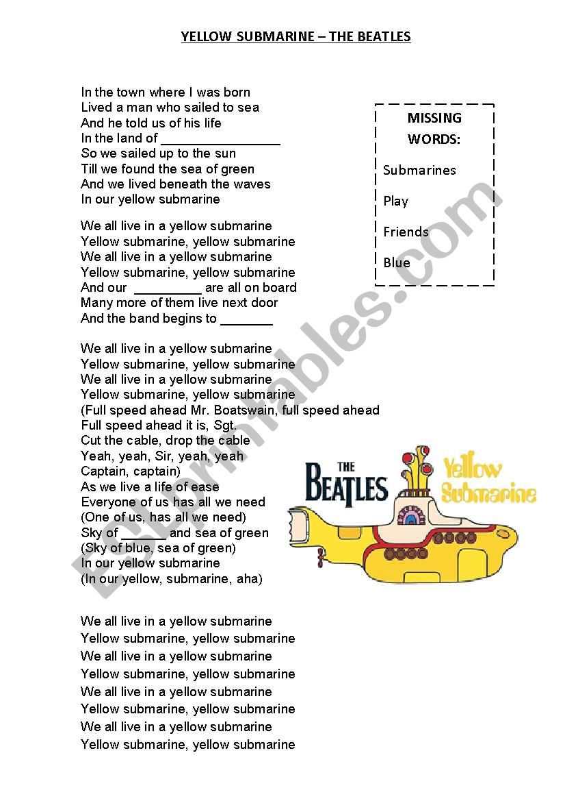 YELLOW SUBMARINE SONG worksheet