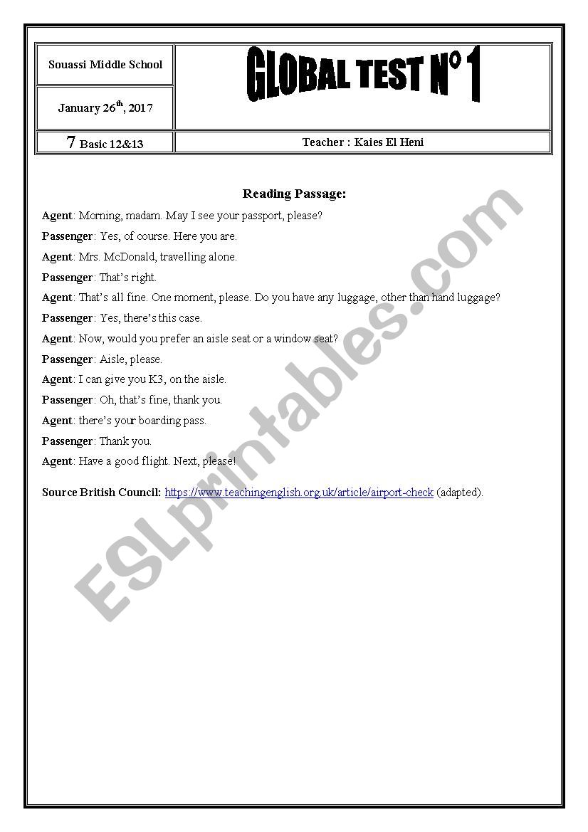 2017 / 2018 7th Form Global Test 1