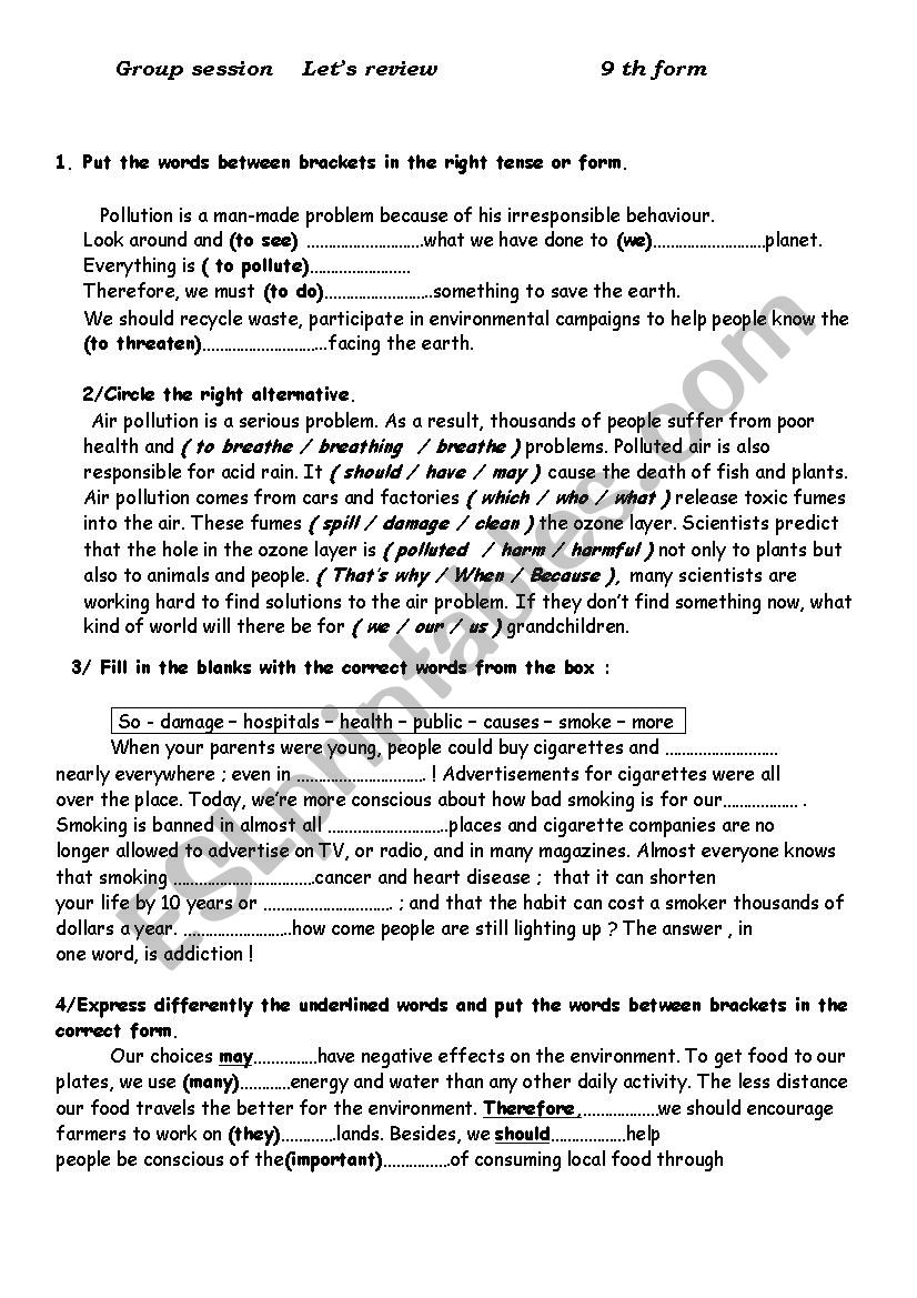 Review 9th form  module 3 worksheet