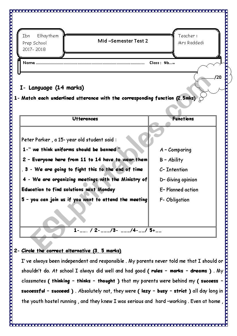 Mid semester 1  test 2  worksheet