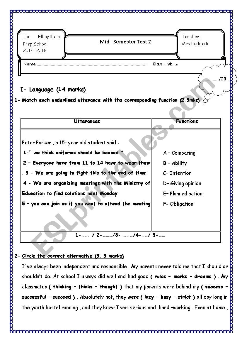 Mid semester 1  test 2  worksheet