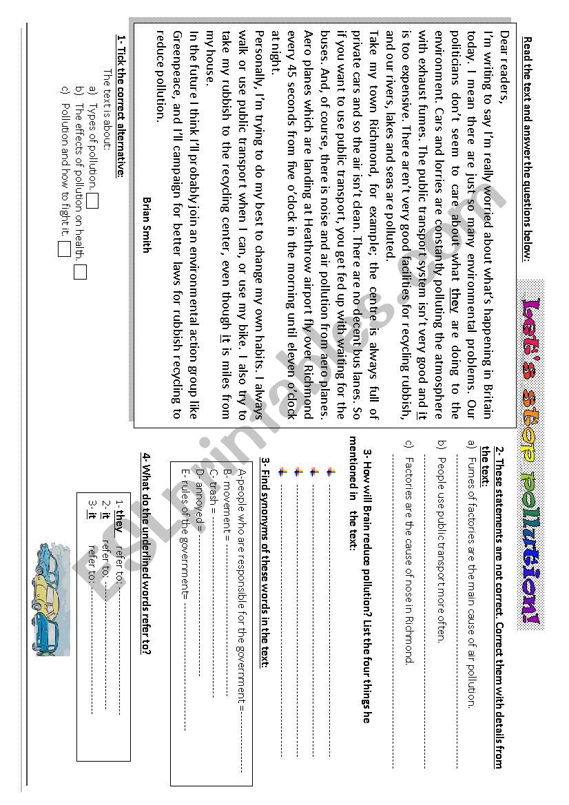 pollution  worksheet