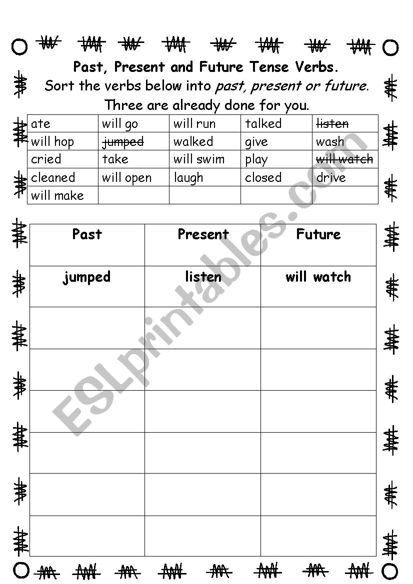 Sorting verbs into past, present and future