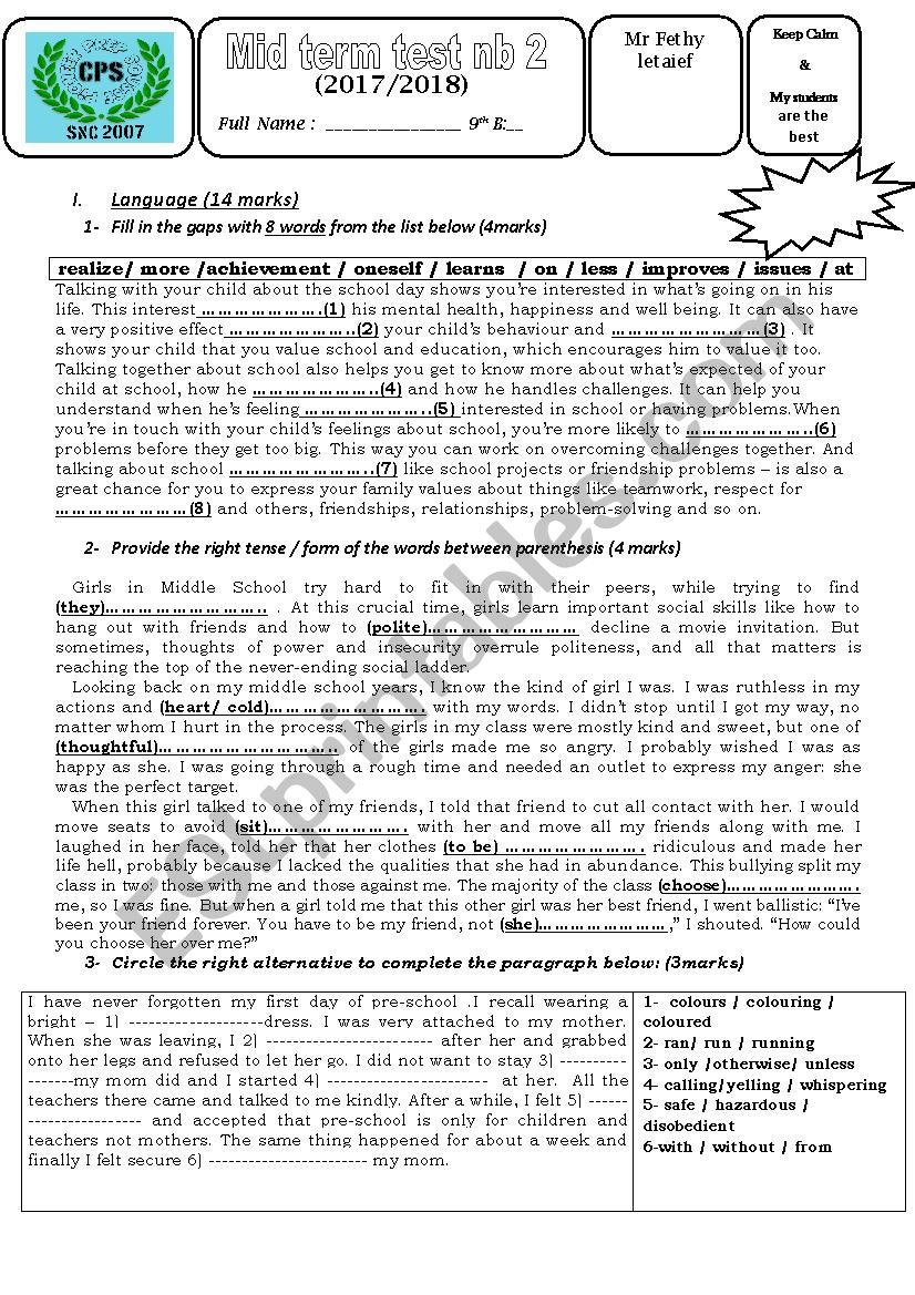 Mid term test 9th grade  worksheet