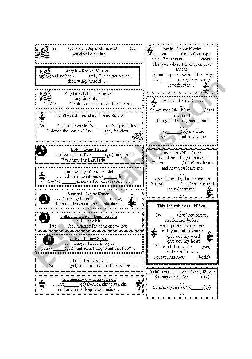 songs with past particples worksheet