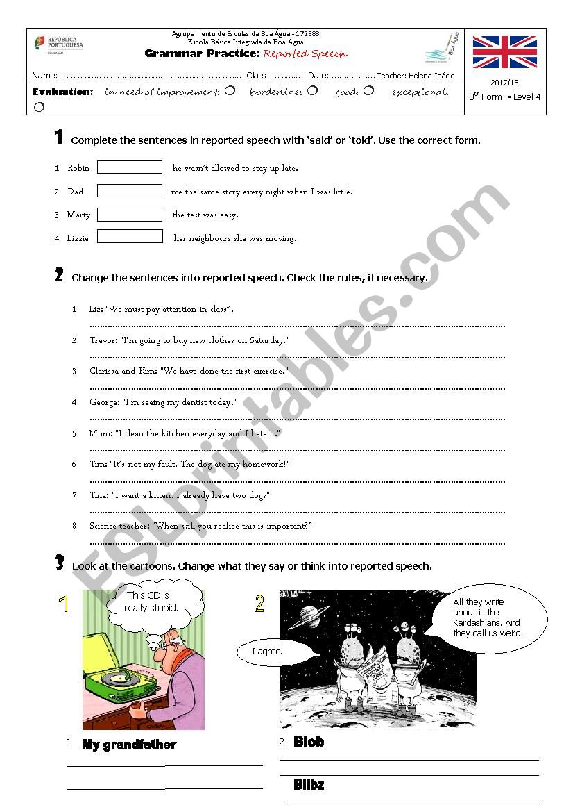 Reported Speech worksheet