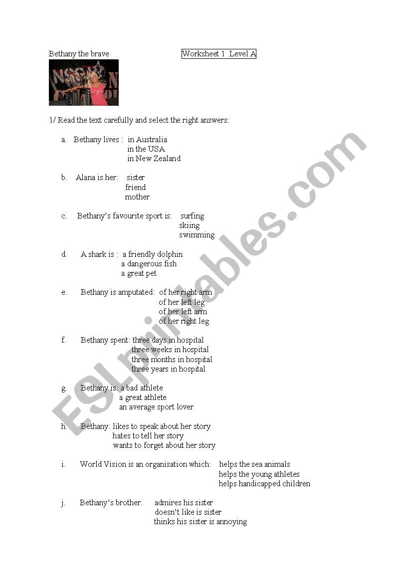 BETHANY HAMILTON Worksheet worksheet