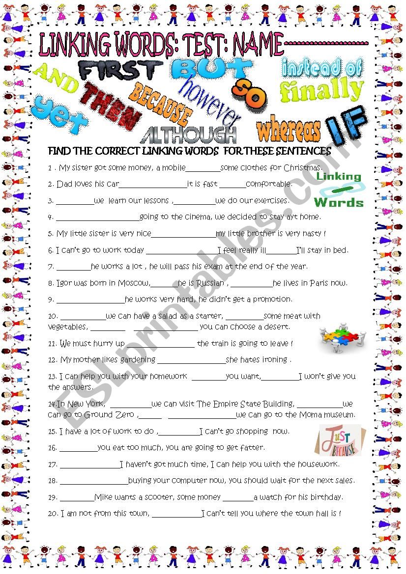 linking words test with key worksheet