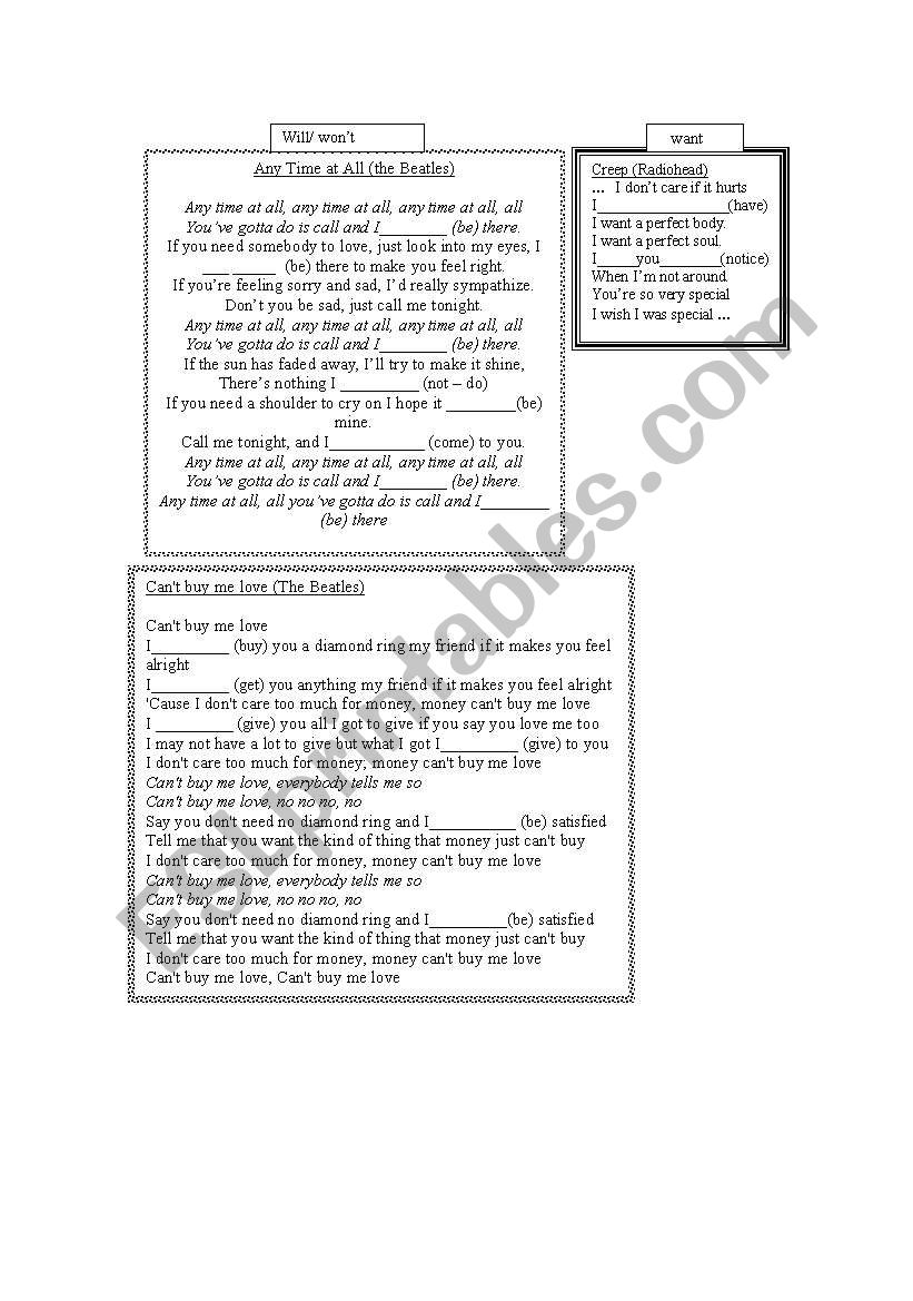 will/wont songs worksheet