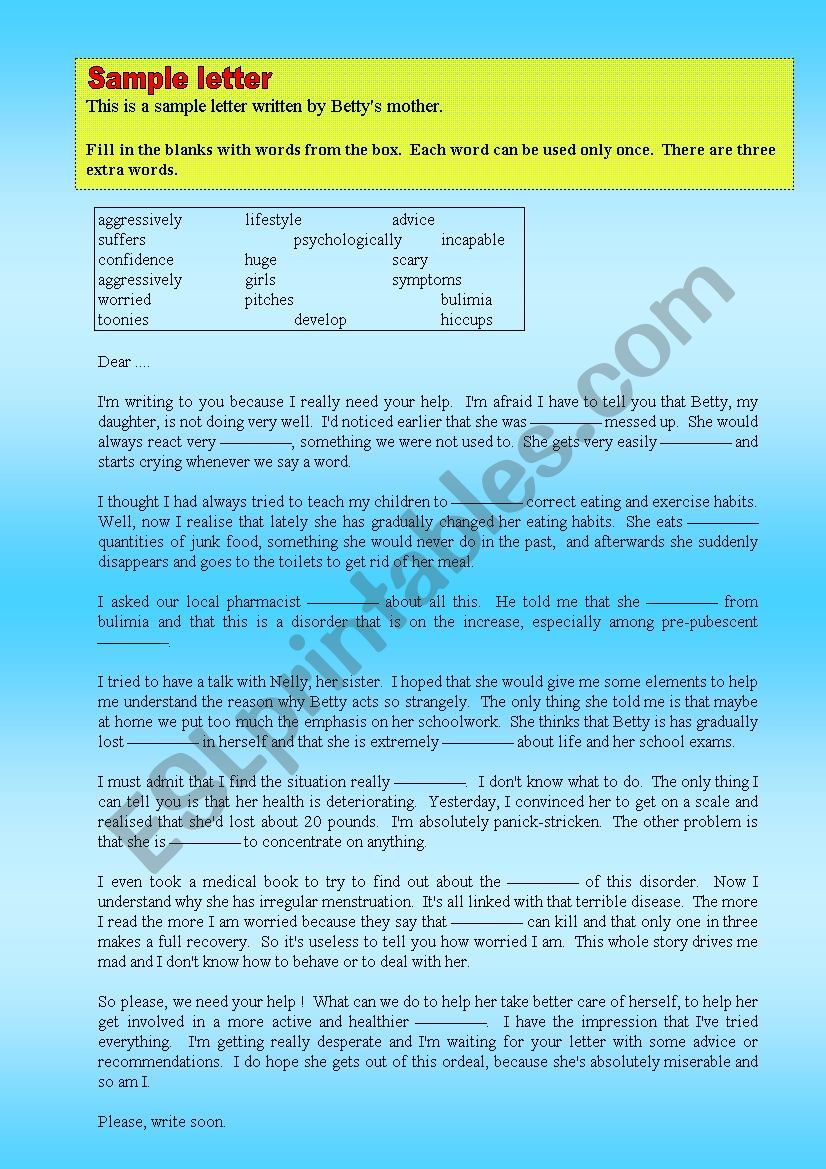 Fill in the gaps. Sample letter (Eating disorders) + KEY