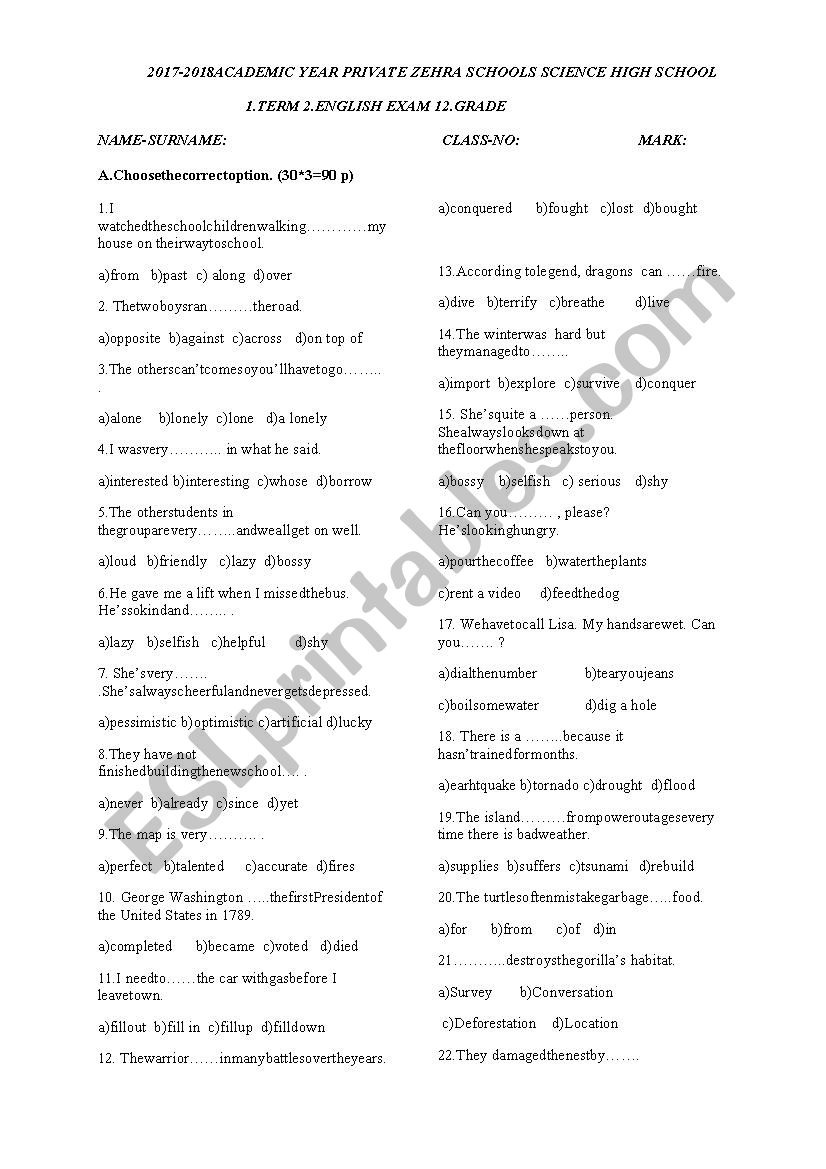 1.Term 2. examination paper worksheet