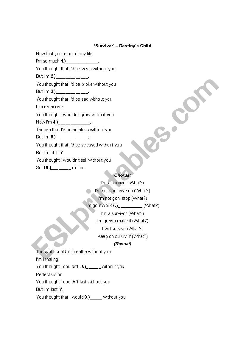 Destinys child - Survival  worksheet