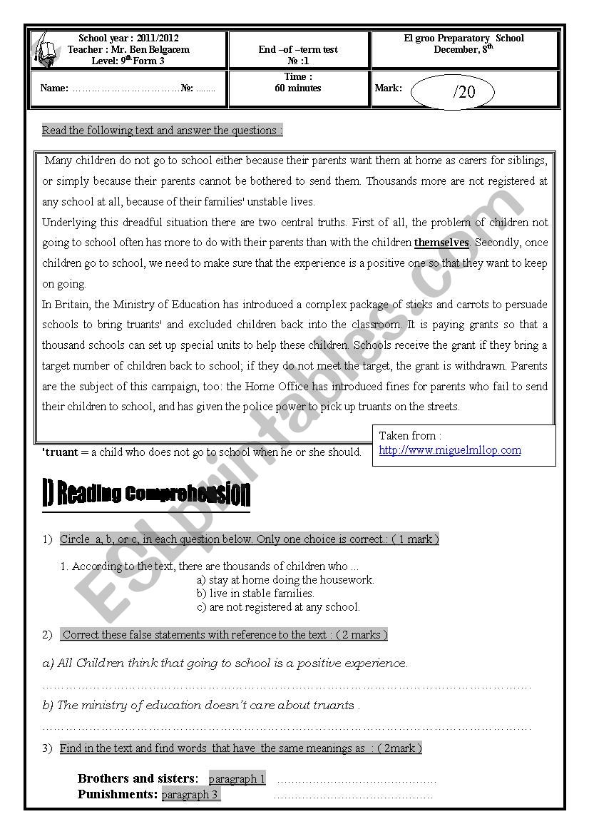 End of semester test n1 worksheet