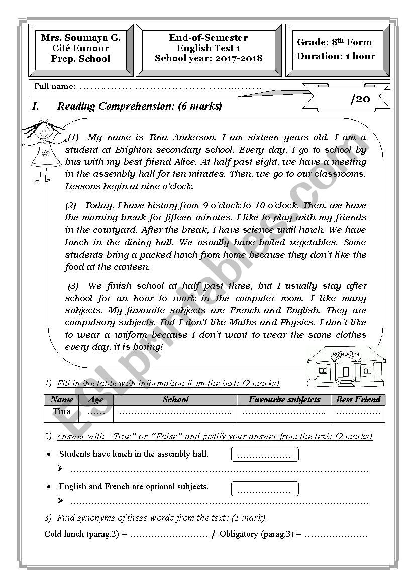 8th Form End-of-Term Test worksheet