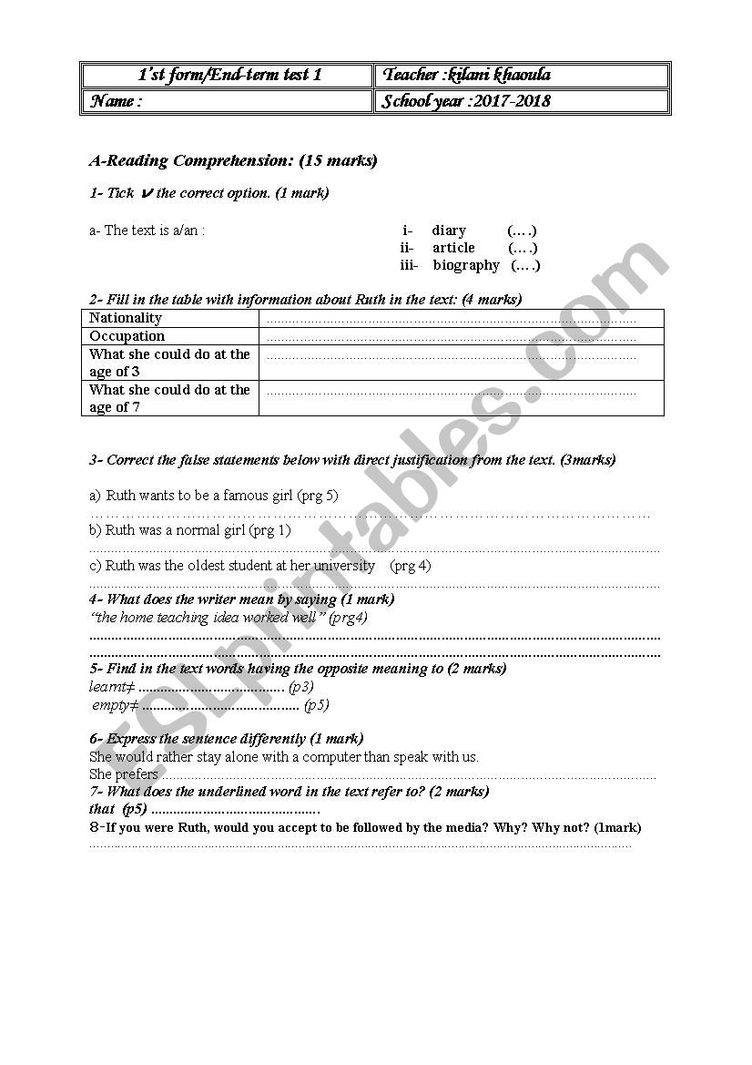 (End- term test 1) First form worksheet