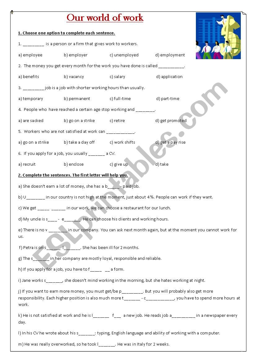 Our world of work worksheet