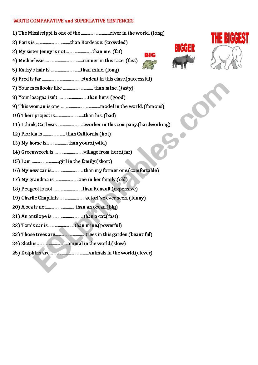 Comparatives and superlatives worksheet