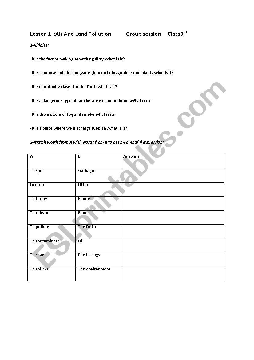 Air and Land Pollution group session class 9th form