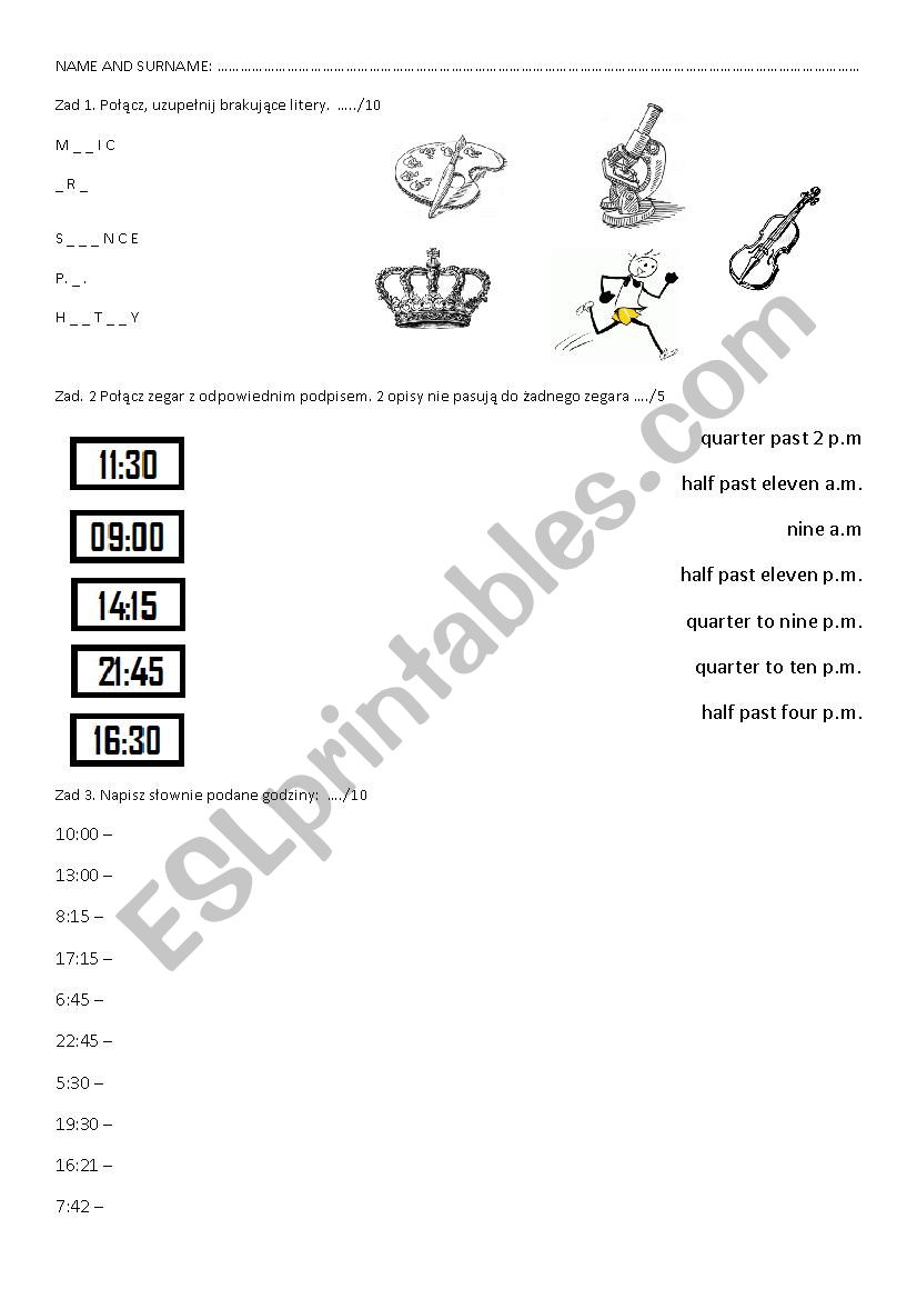 Test. School subjects and telling the time