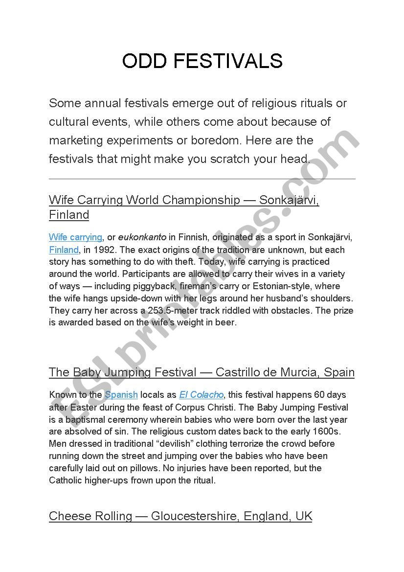 Unusual festivals worksheet