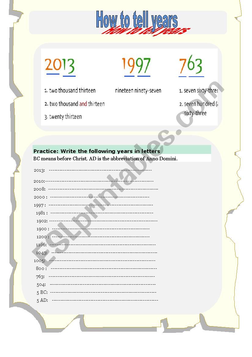  dates and years in English worksheet