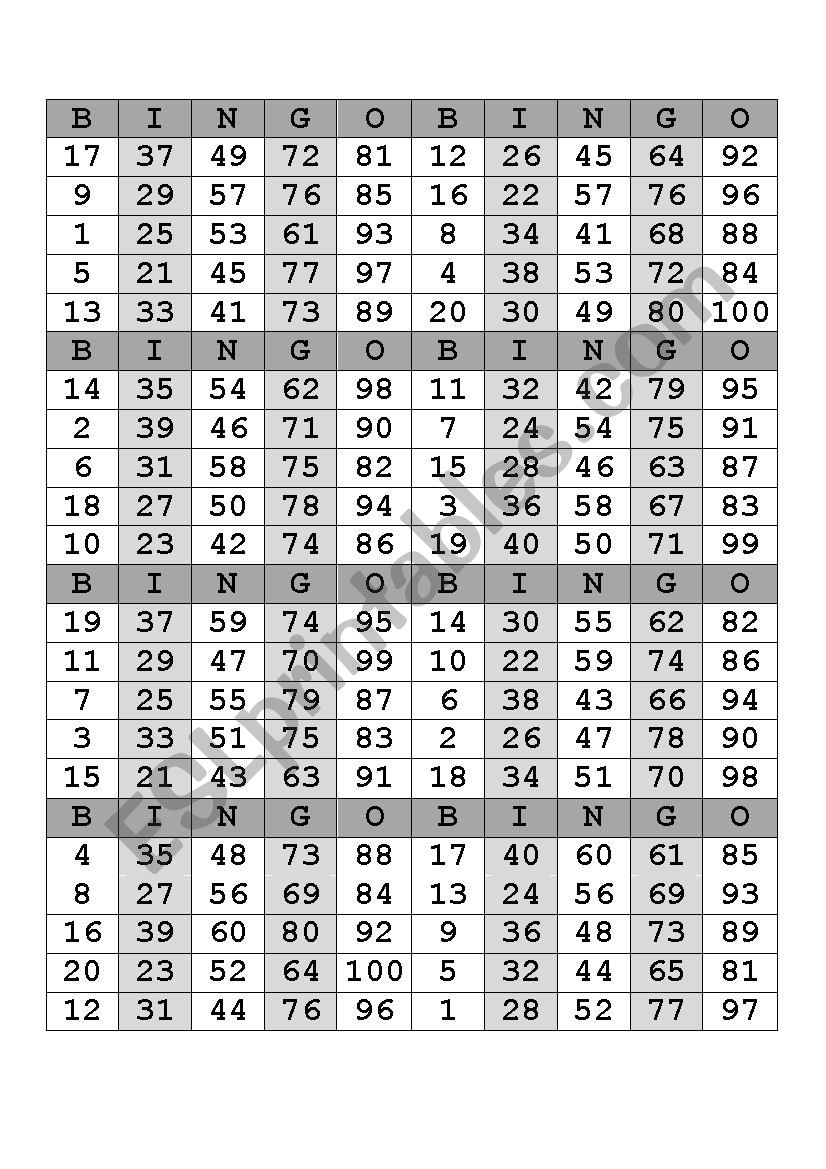 BINGO numbers 1-100 worksheet