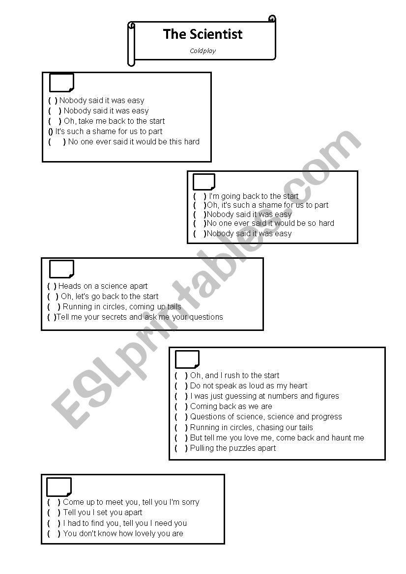 Song Worsksheet - The scientist by Coldplay