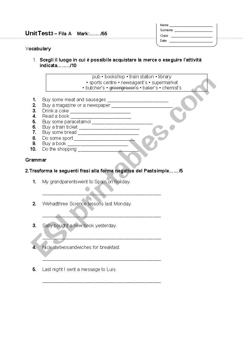 test simple past tense A worksheet