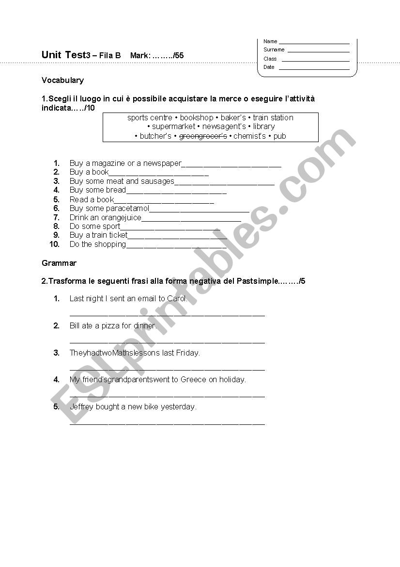 test simple past tense B worksheet