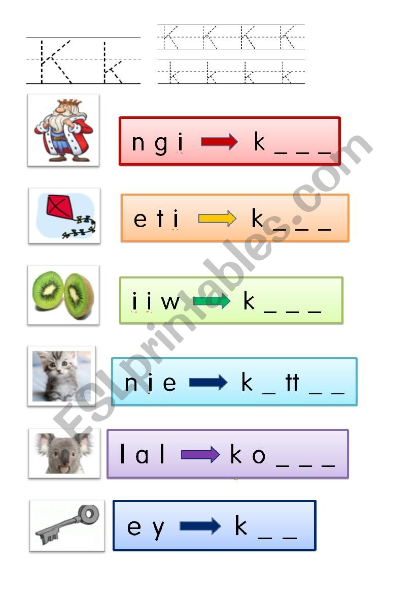 K phonics worksheet with pictures