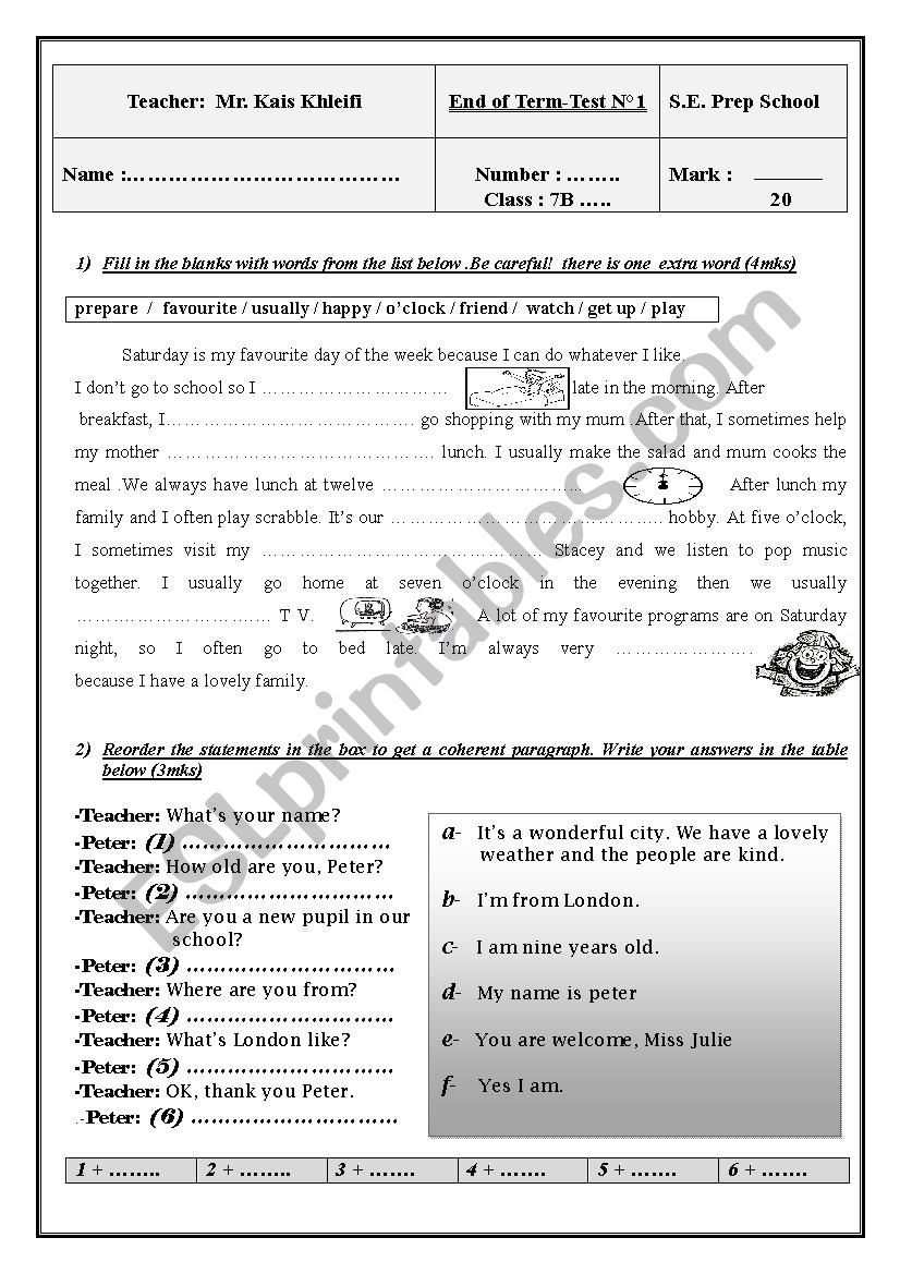 global test 1 for 7th form worksheet