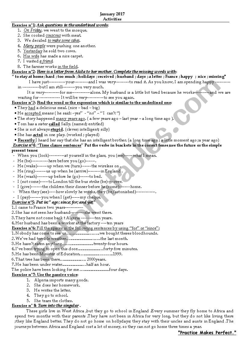 Activities worksheet