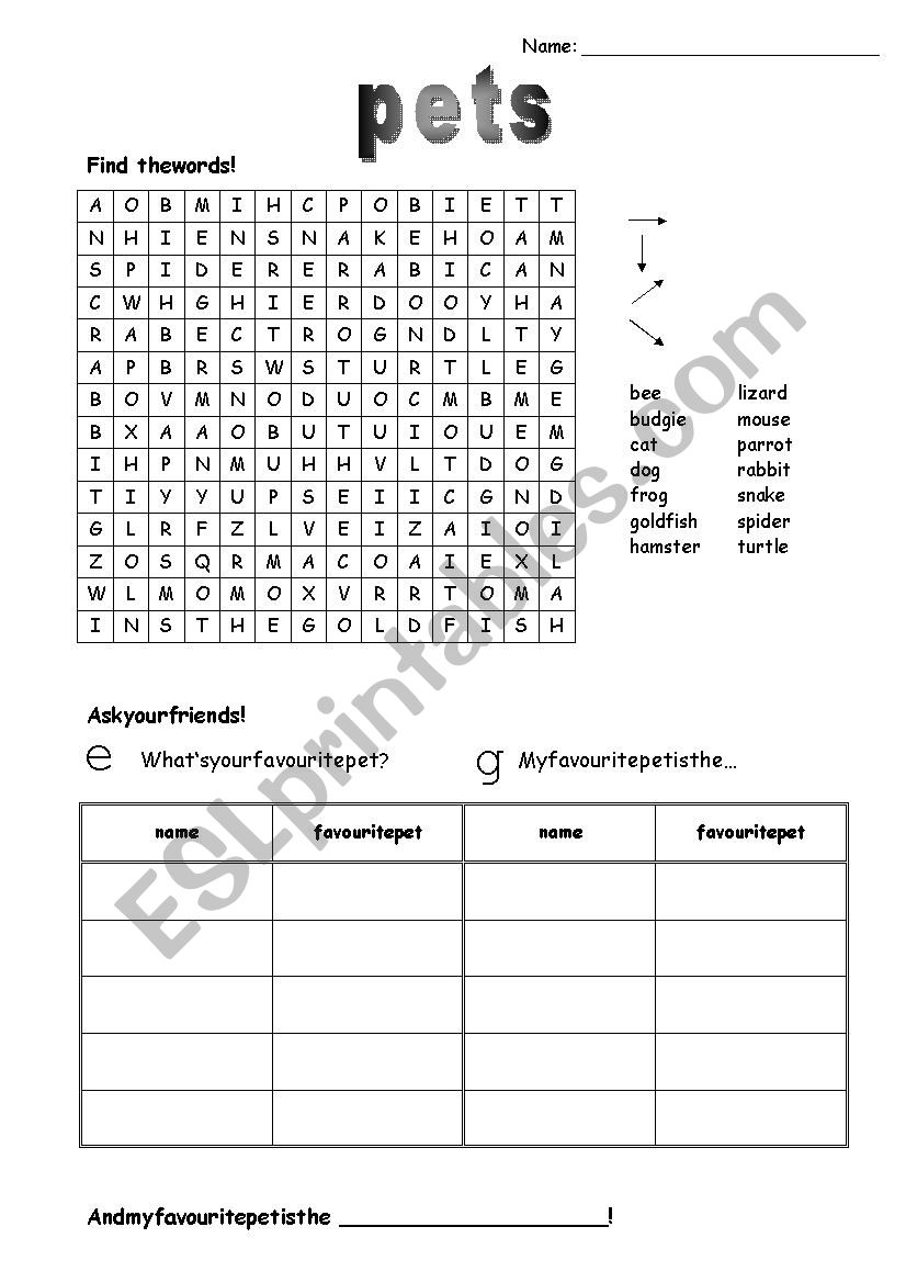 Pets crossword worksheet