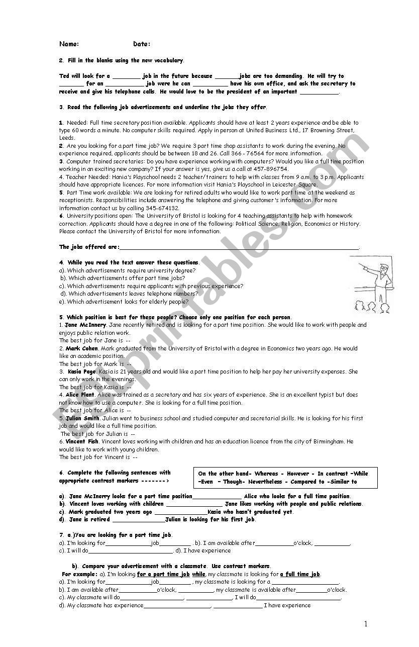 Jobs worksheet