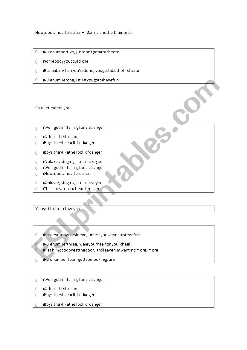 Song Worsksheet How To Be A Heartbreaker By Marina And The
