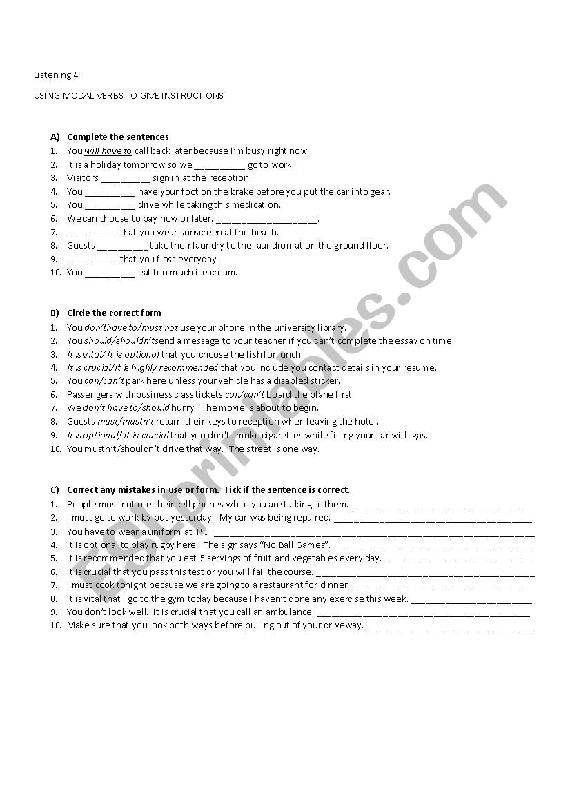 Giving Instructions  worksheet
