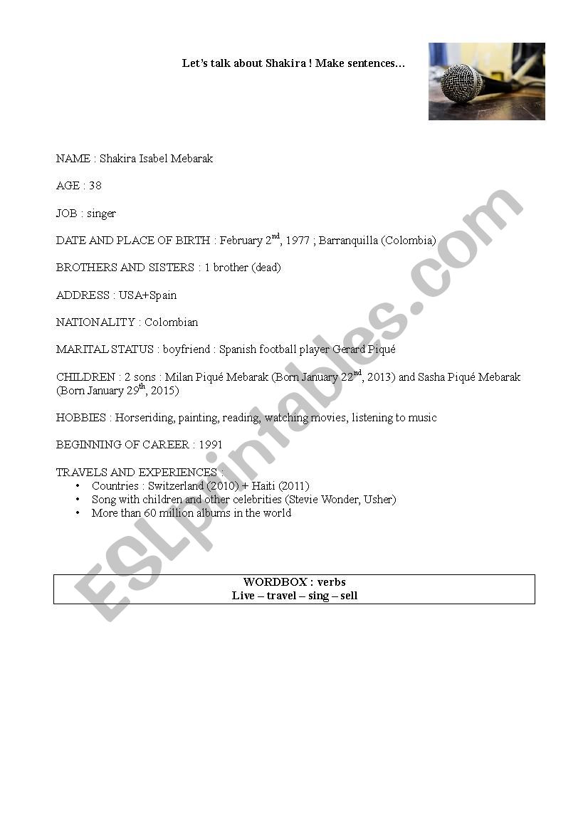 Shakira - biography worksheet