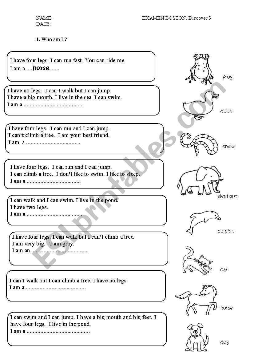 exam animals and parts of the body