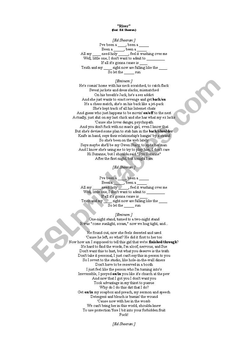 River by Eminem ft Ed Sheeran worksheet