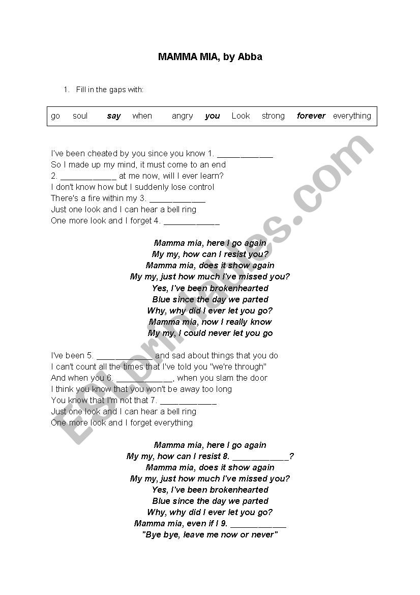 Mamma mia song  worksheet
