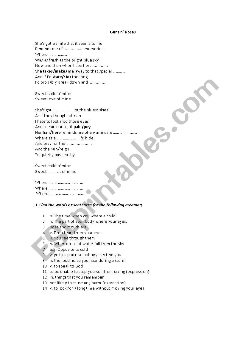 Song Worsksheet - Sweet Child of Mine by Guns n Roses