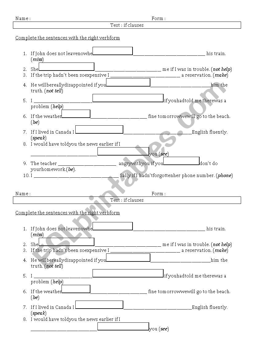 If clauses test worksheet