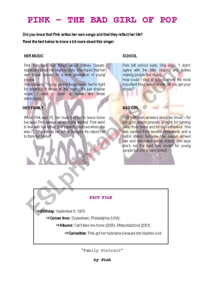 Pink - the bad girl of pop worksheet