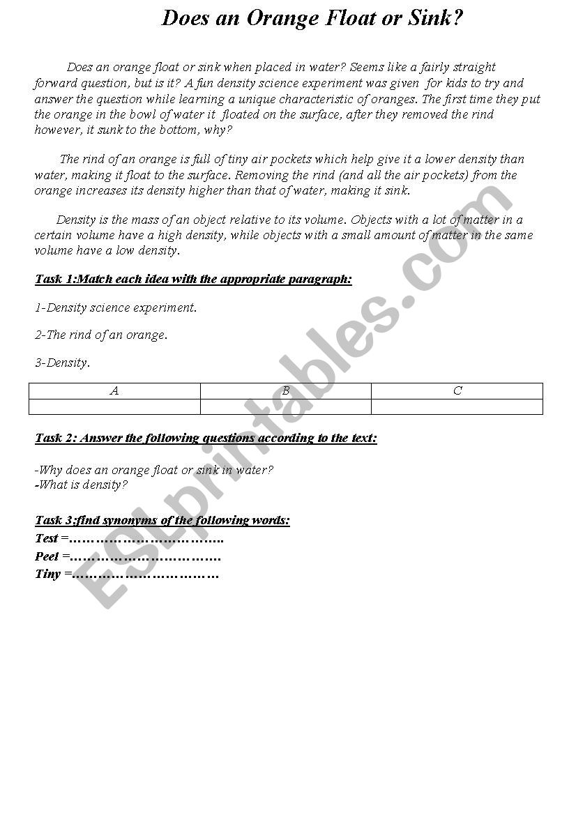 Float Or Sink Esl Worksheet By Prettyrose