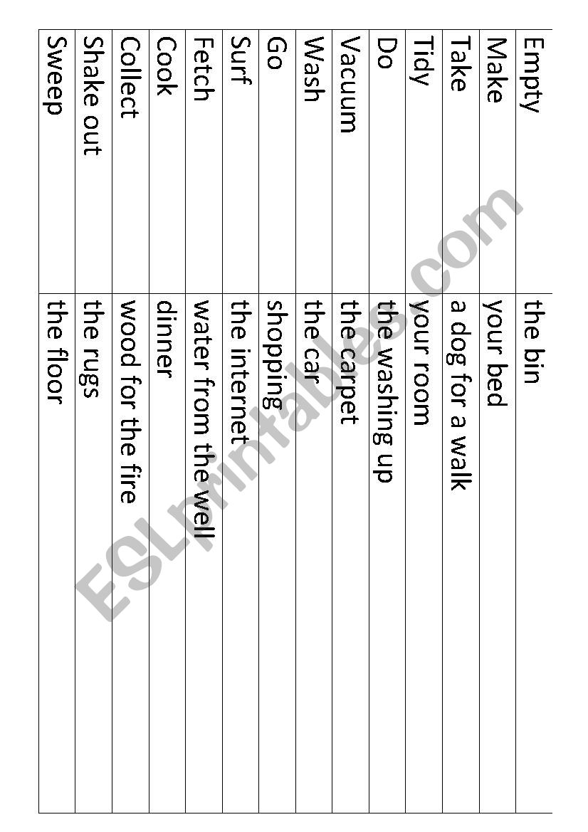 Chores to match the parts worksheet