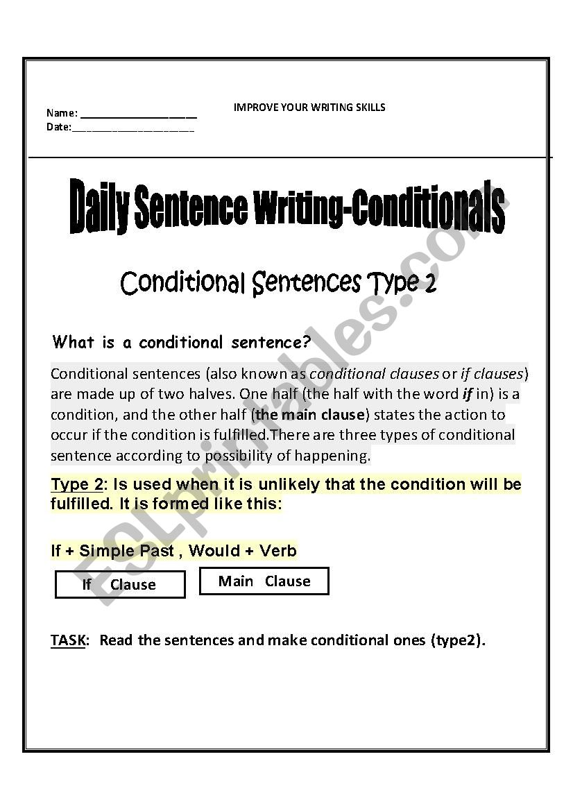 Daily writing conditionals worksheet