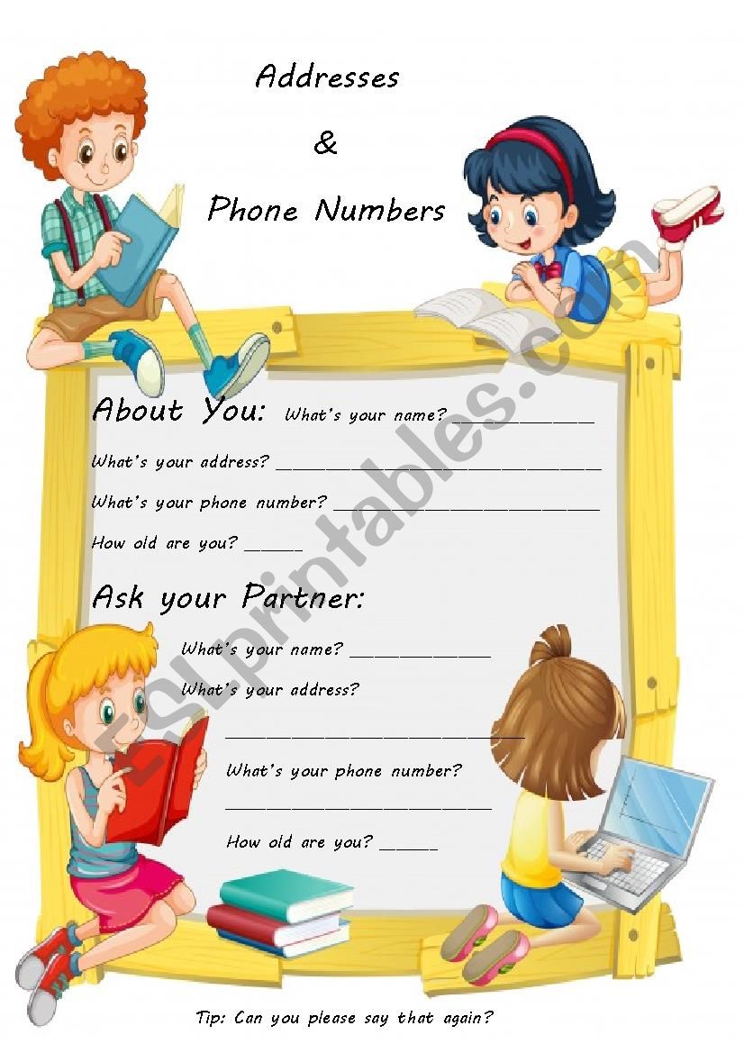 Addresses Phone Numbers ESL Worksheet By SophieF